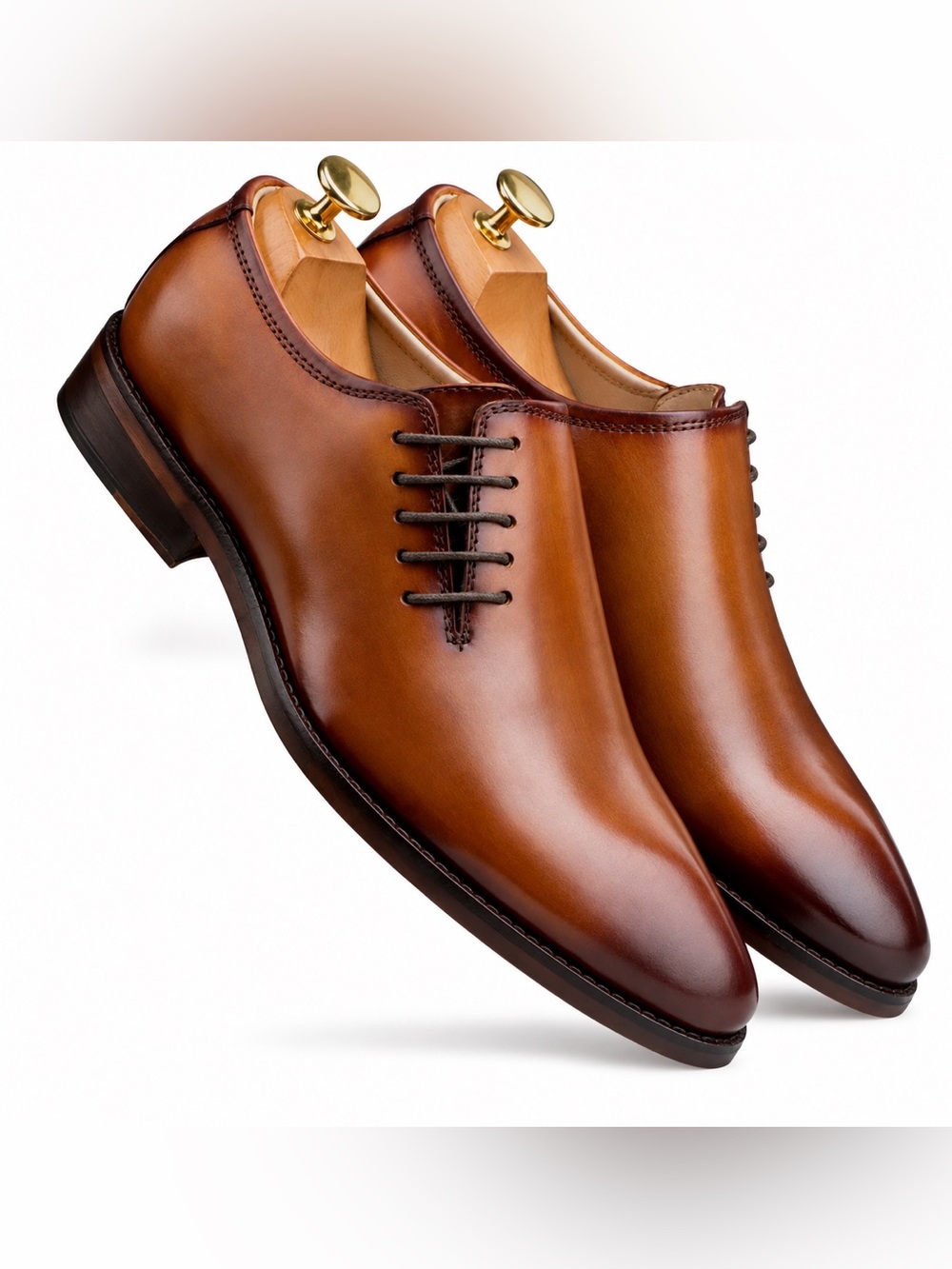 Brown Leather Derby Shoes — Polished Cognac Finish